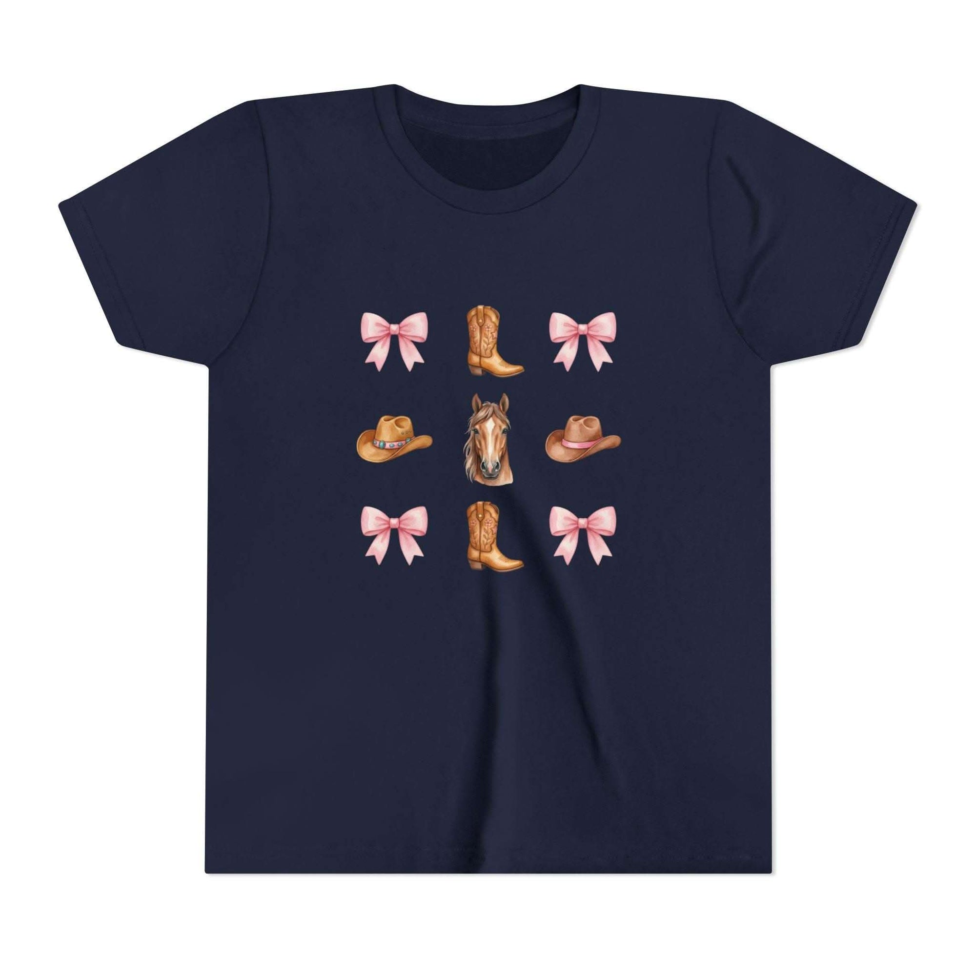 Youth pink t-shirt with Cowboy Horse & Boots Western hat and bow pattern design