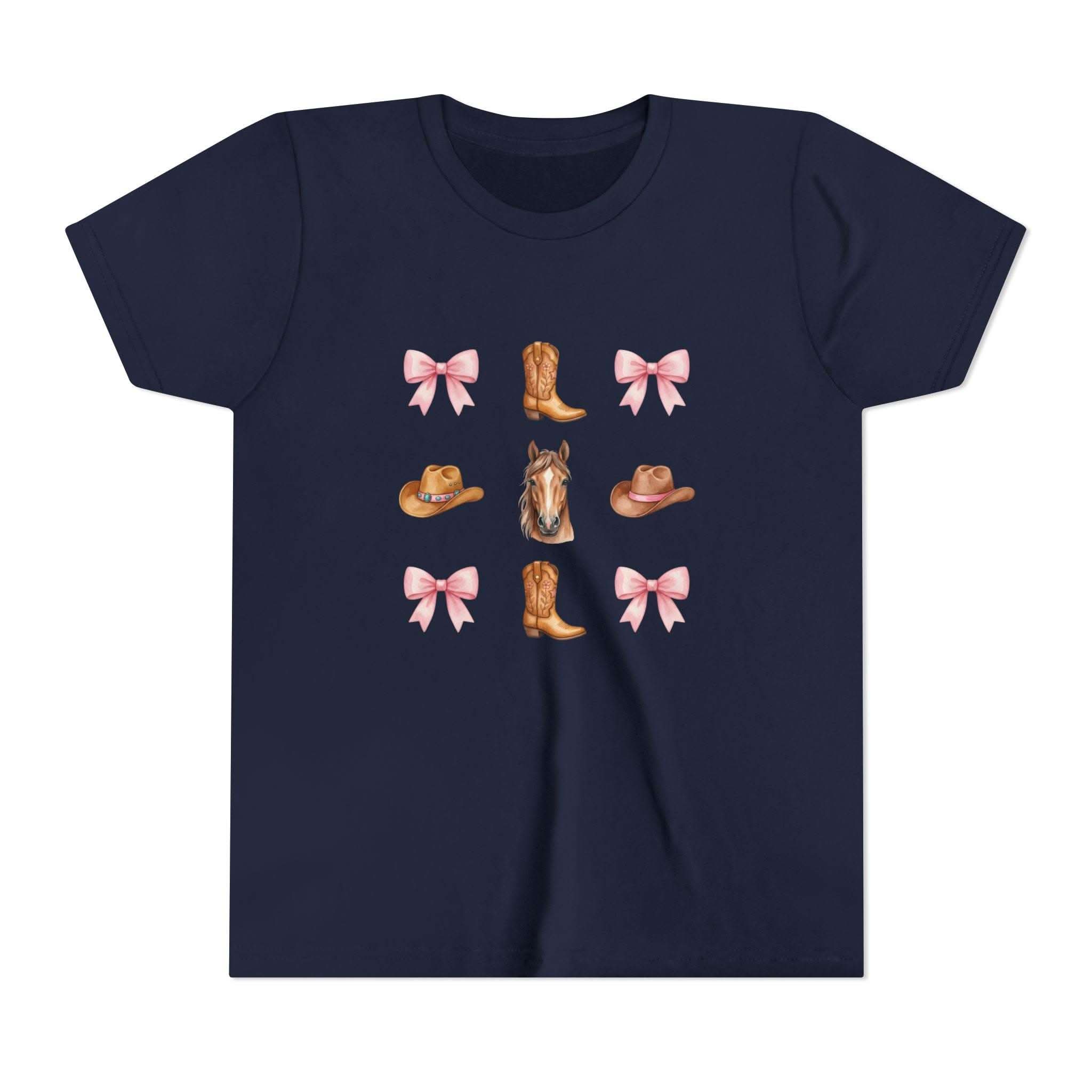 Youth pink t-shirt with Cowboy Horse & Boots Western hat and bow pattern design
