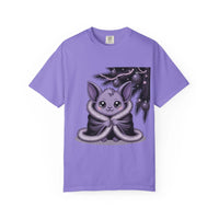 Purple Gothmas Bat T-Shirt with festive gothic bat design and holiday ornaments on soft cotton tee