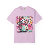 White unisex t-shirt featuring colorful disco ball snowman design, perfect for Christmas and dance parties by Printify