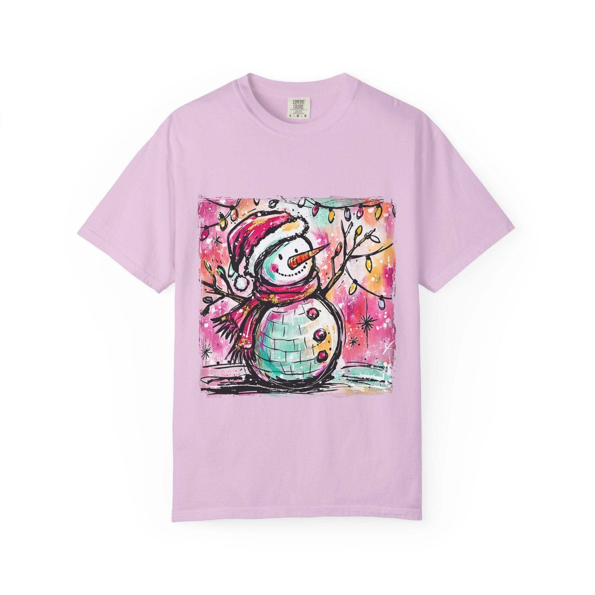 White unisex t-shirt featuring colorful disco ball snowman design, perfect for Christmas and dance parties by Printify