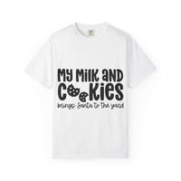 Black festive t-shirt with 'My Milk and Cookies Bring Santa to the Yard' print by Printify