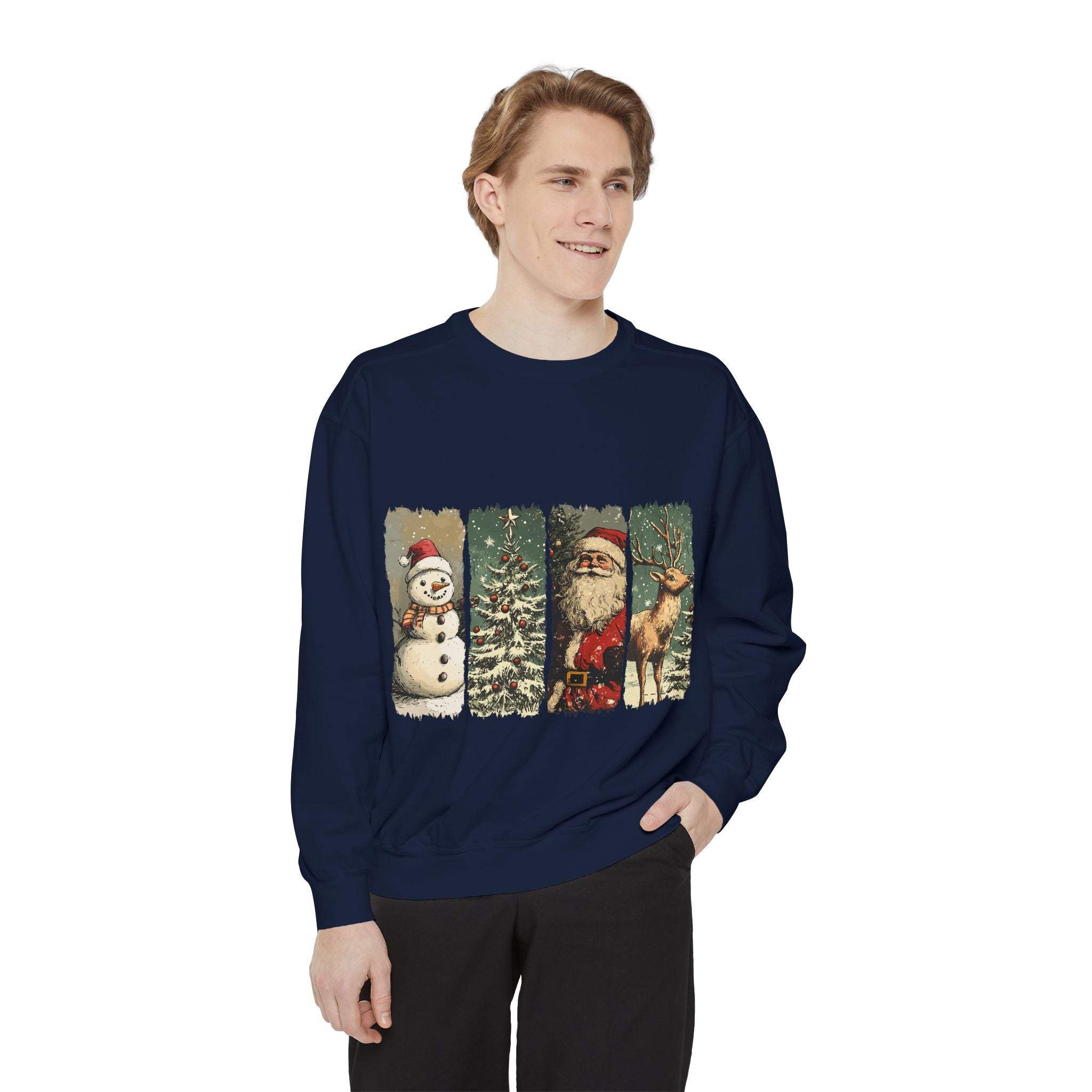 Man wearing navy vintage Christmas sweatshirt with watercolor snowman, tree, Santa, and reindeer design