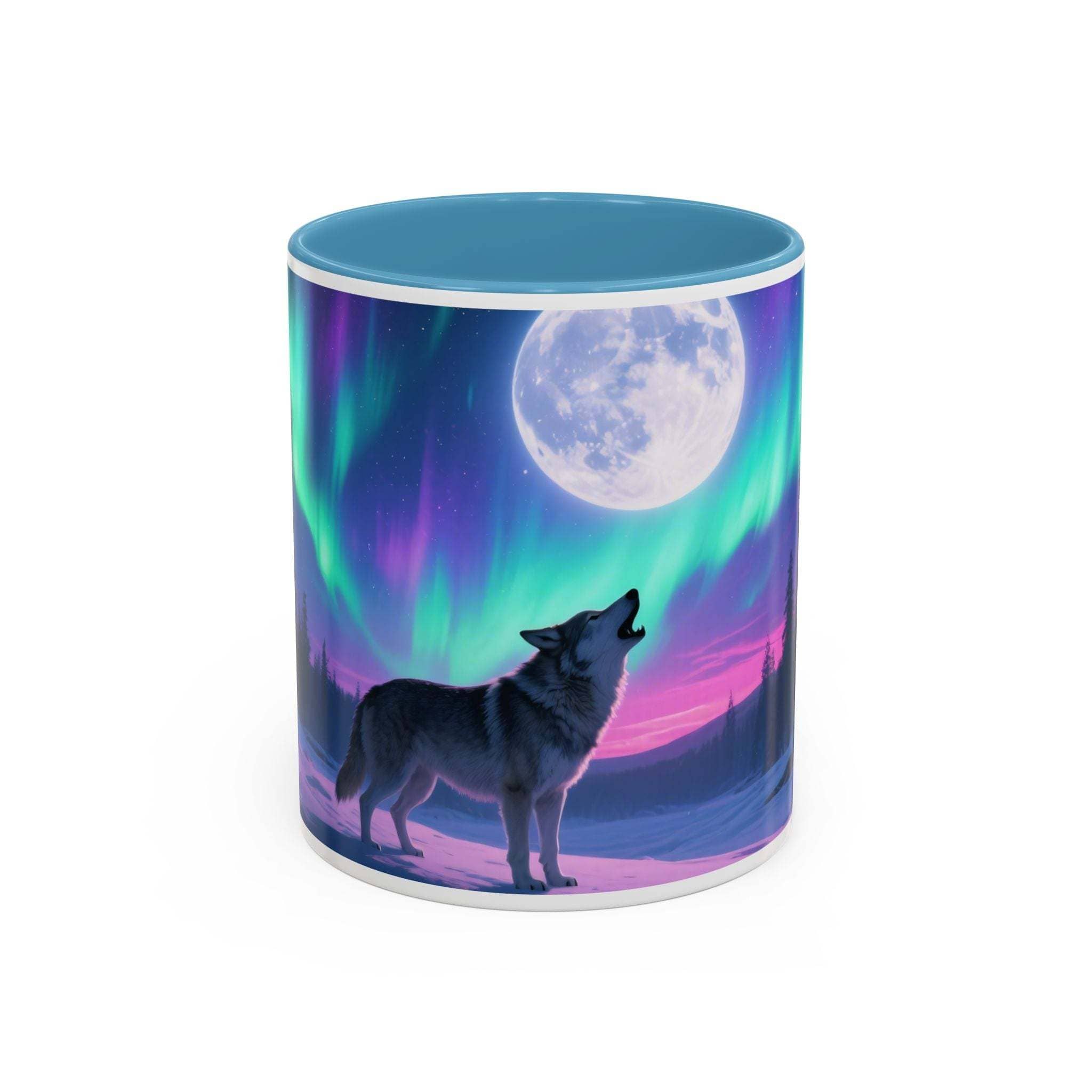 Cylindrical container with a wolf and moon design on a white background