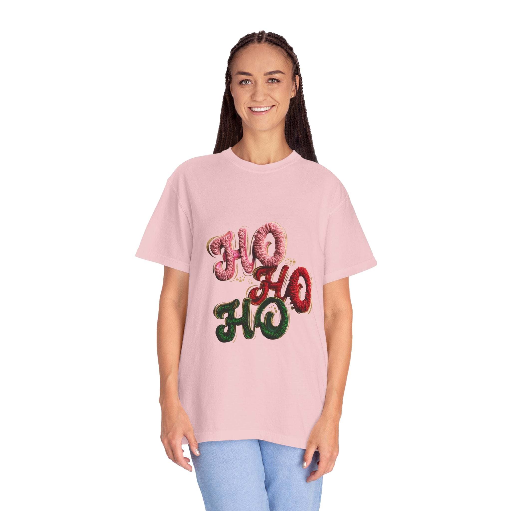 White Christmas graphic tee featuring faux puffy crochet 'Ho, Ho, Ho' design by Printify