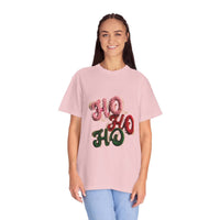 White Christmas graphic tee featuring faux puffy crochet 'Ho, Ho, Ho' design by Printify