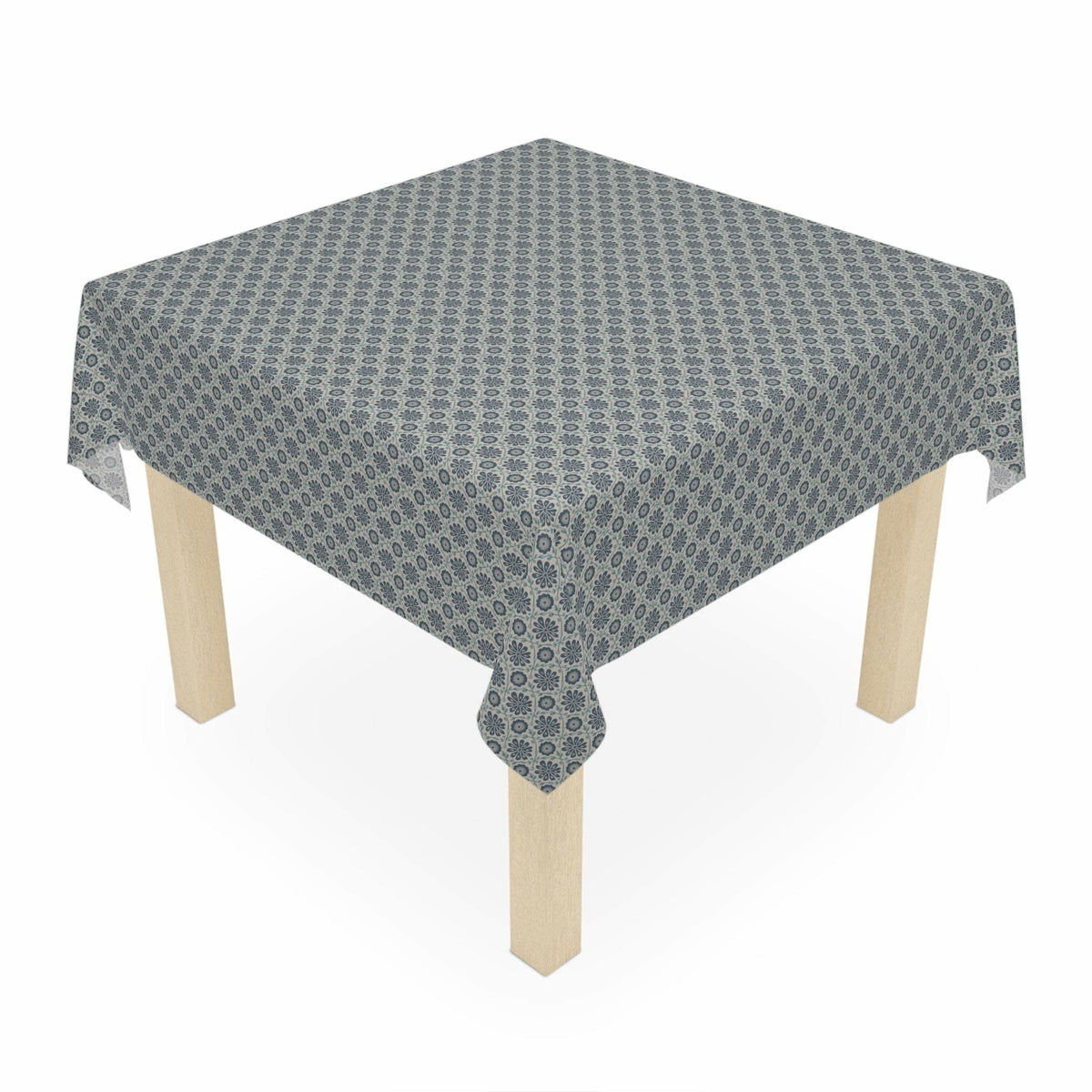 Indigo floral patterned polyester tablecloth with ogee vines design on square table