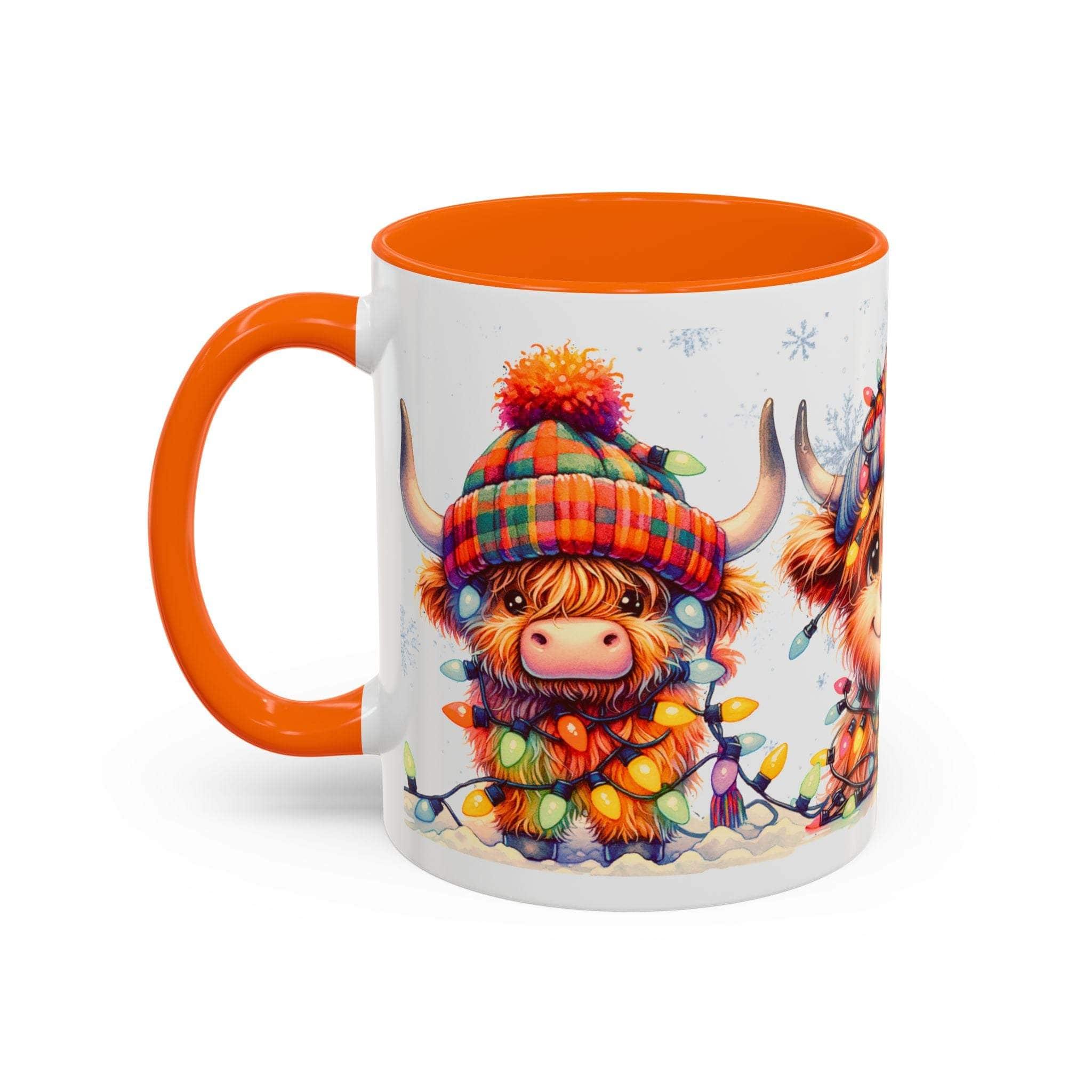 Mug with a cartoon Highland cow wearing a plaid hat and orange handle on a white background