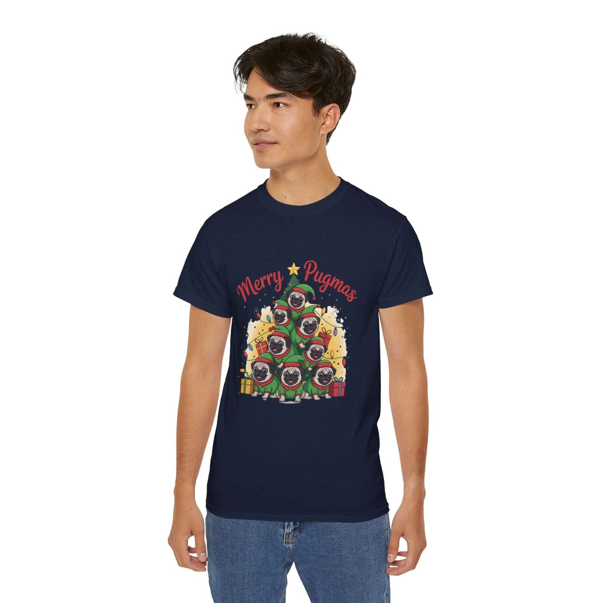 Black Merry Pugmas holiday t-shirt from Printify, featuring festive pug design for dog lovers.