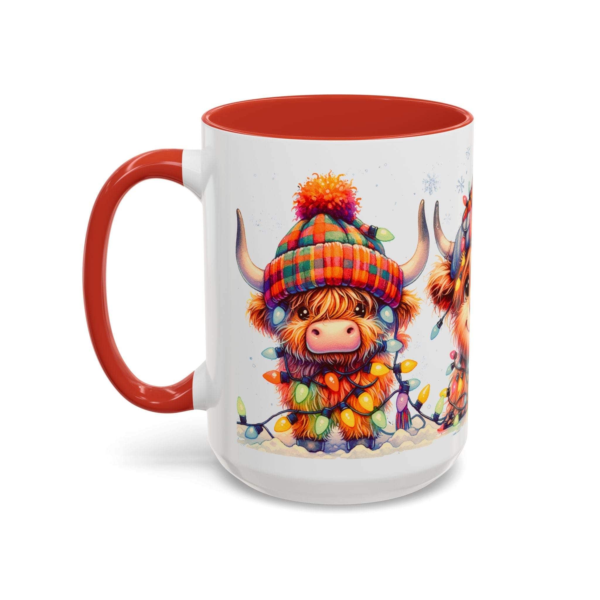 Ceramic Christmas coffee mug with colorful Scottish Highland Cow wearing a winter hat and holiday lights, red handle and interior.