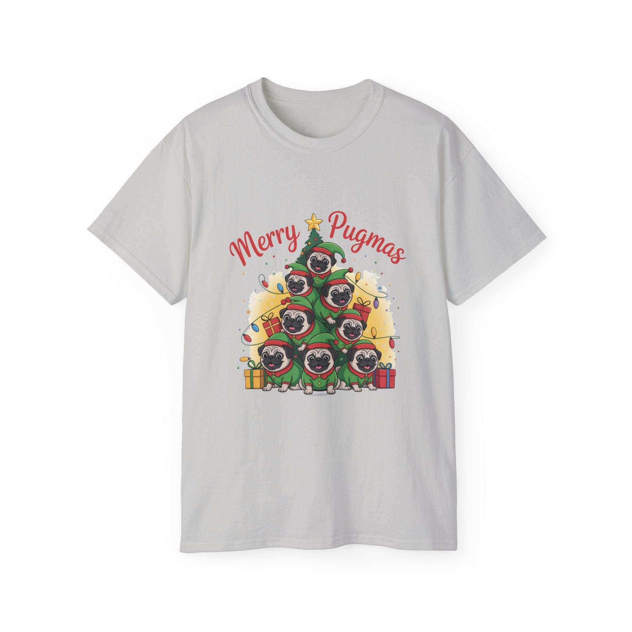Black Merry Pugmas holiday tee featuring a festive pug design, eco-friendly fabric by Printify