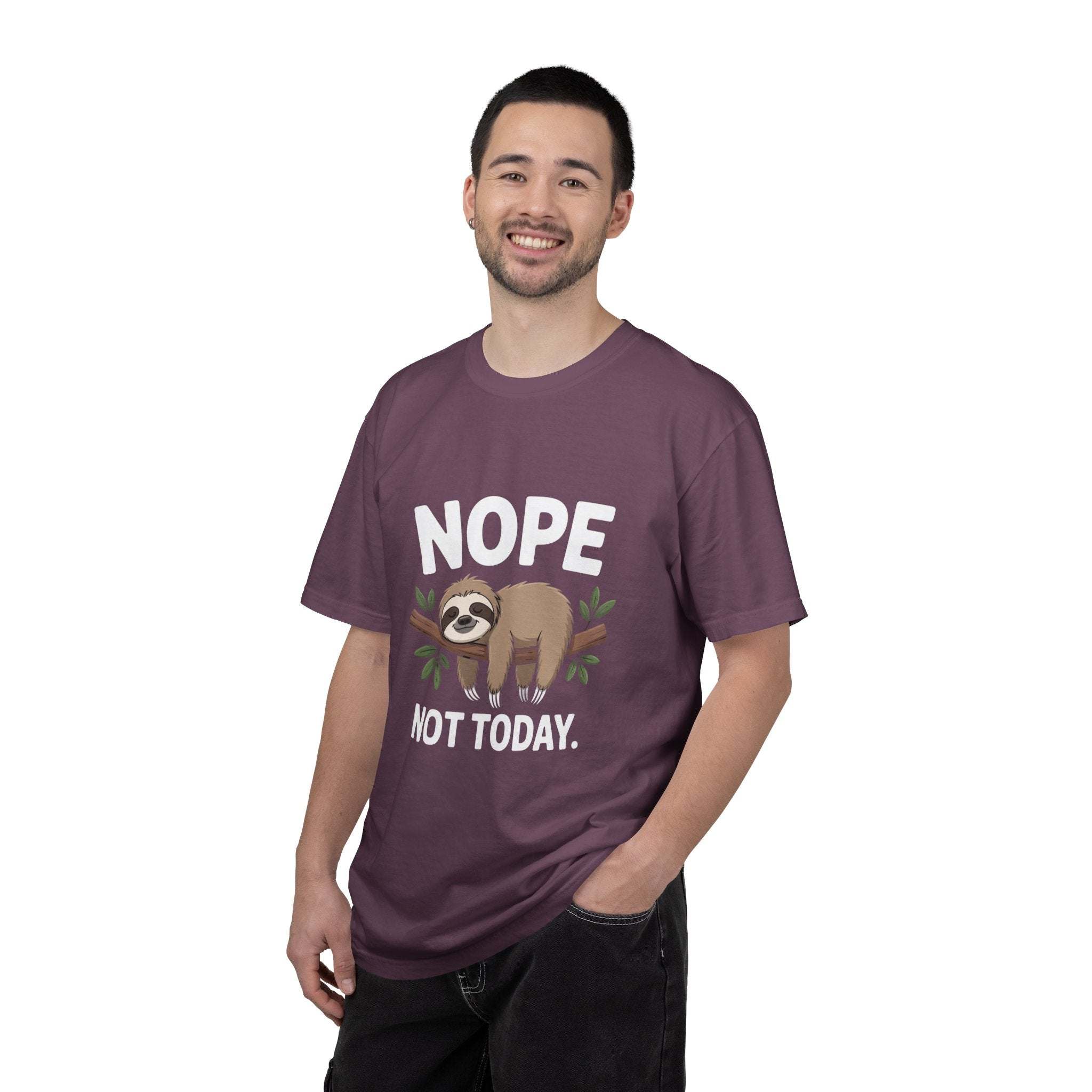 Nope Not Today Sloth t-shirt with relaxed fit and soft cotton featuring a humorous sloth design