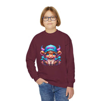 Child wearing maroon Moody Girl Highland Cow sweatshirt with colorful cartoon cow design and blue jeans