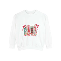 Butter yellow sweatshirt with Christmas design, cozy fit, by Printify, ideal for holiday gifts.