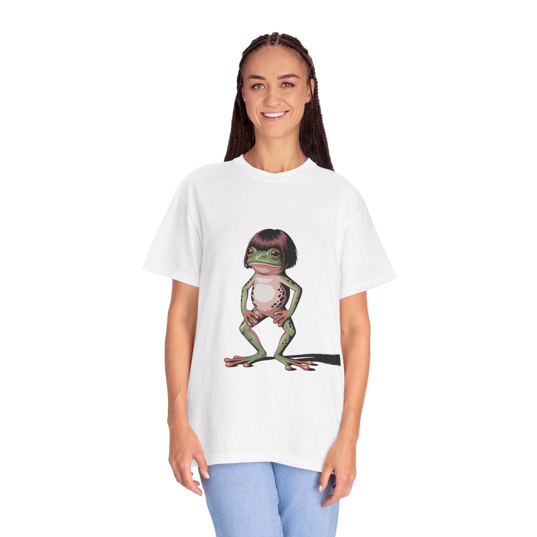 Woman wearing white t-shirt with frog with bob haircut meme design