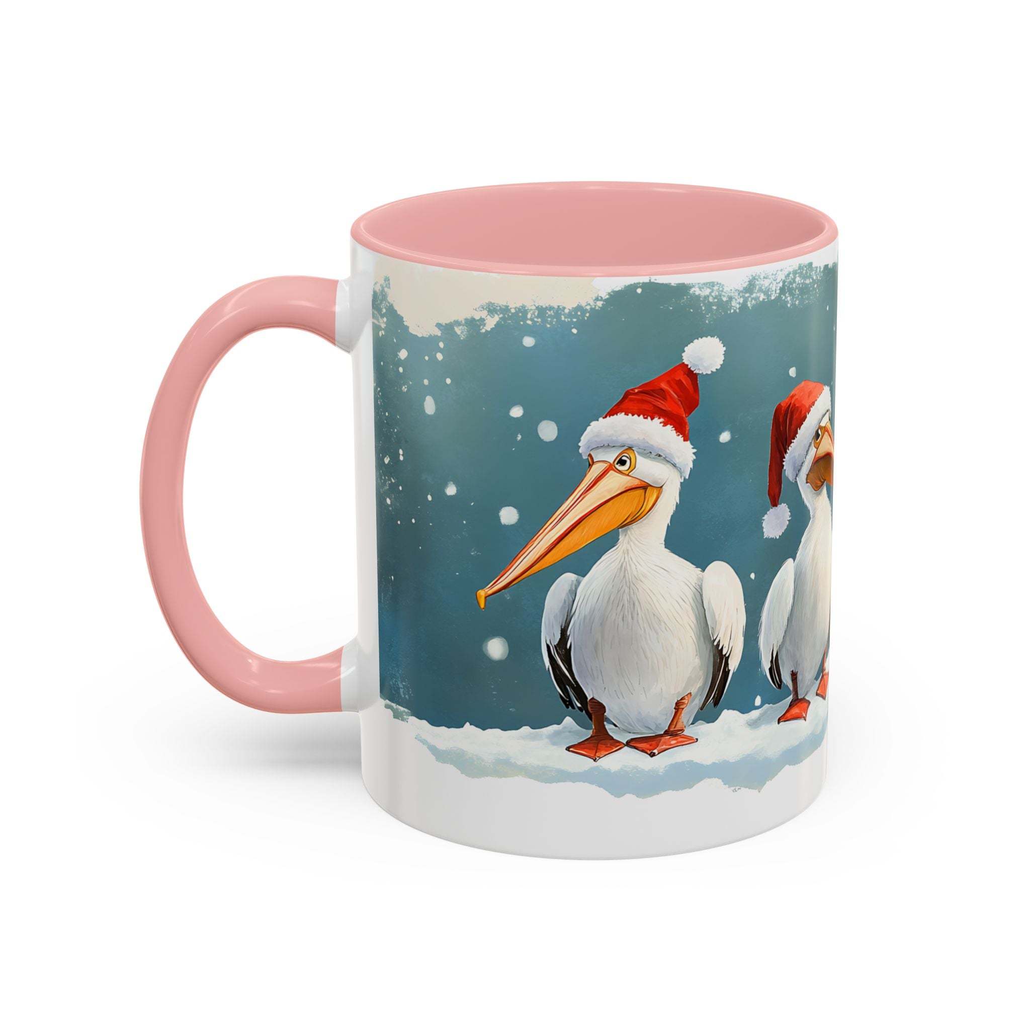 Mug with Christmas design featuring pelicans wearing Santa hats on a snowy background.