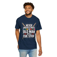 Man wearing a navy blue t-shirt with humorous text design on a white background