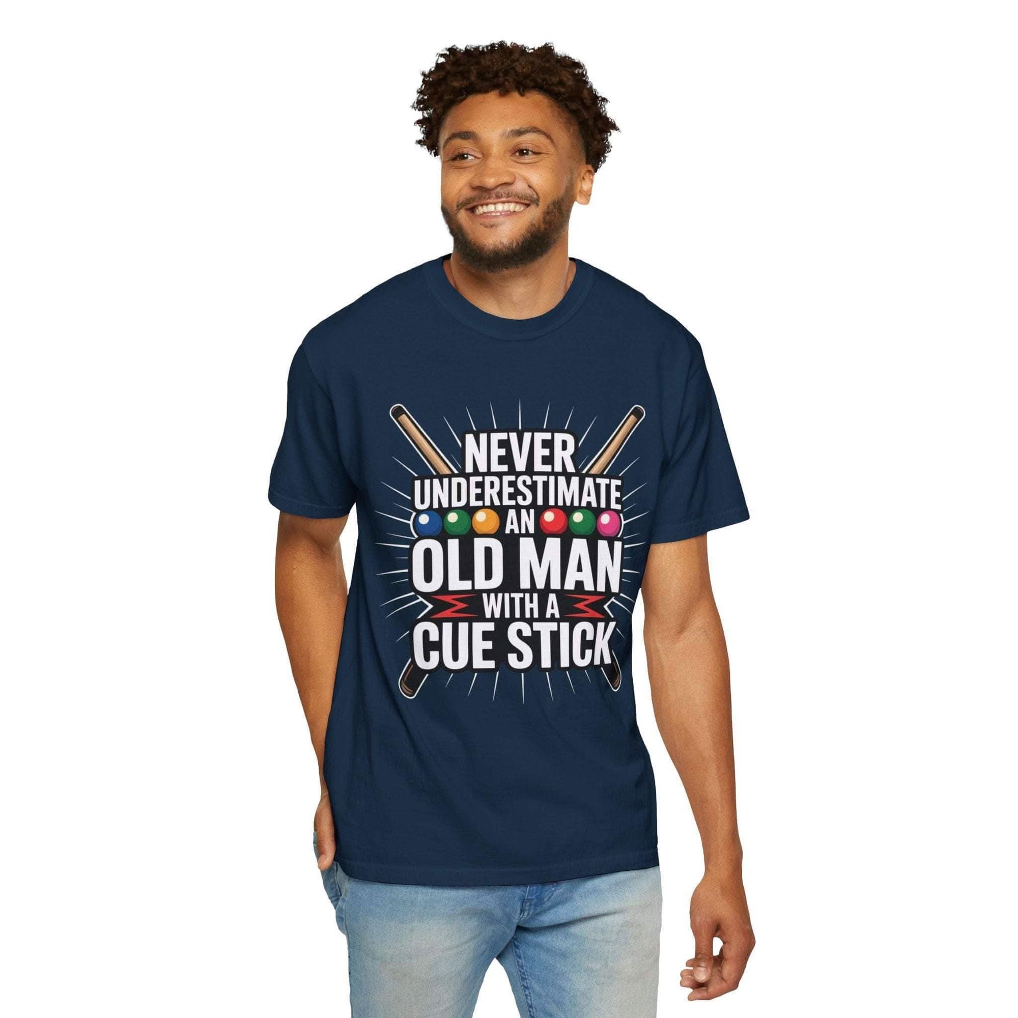 Man wearing a navy blue t-shirt with humorous text design on a white background