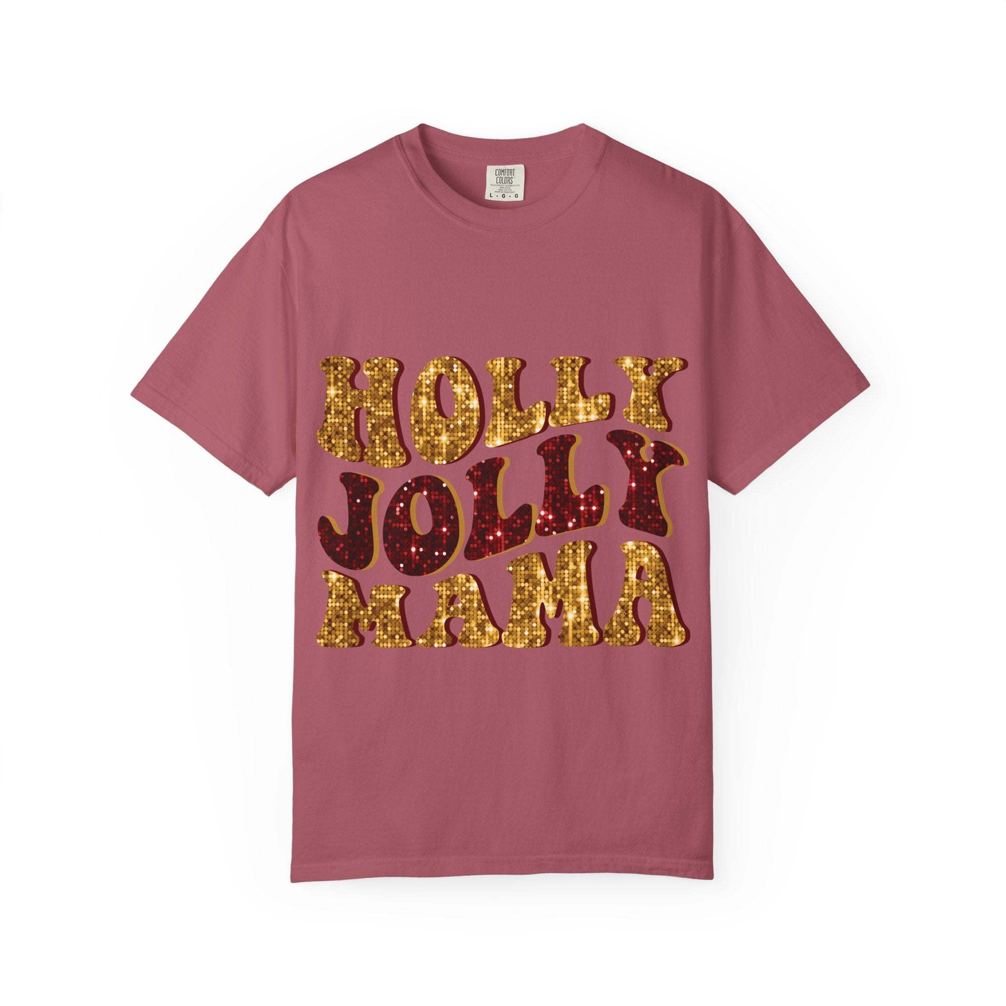 Faux Glitter Holly Jolly Mama festive pink cotton t-shirt for moms with sparkling text design