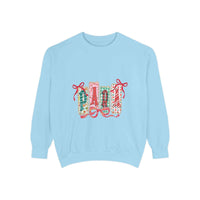 Cozy preppy Christmas sweatshirt in butter color, featuring festive design, by Printify, ideal holiday gift for educators.