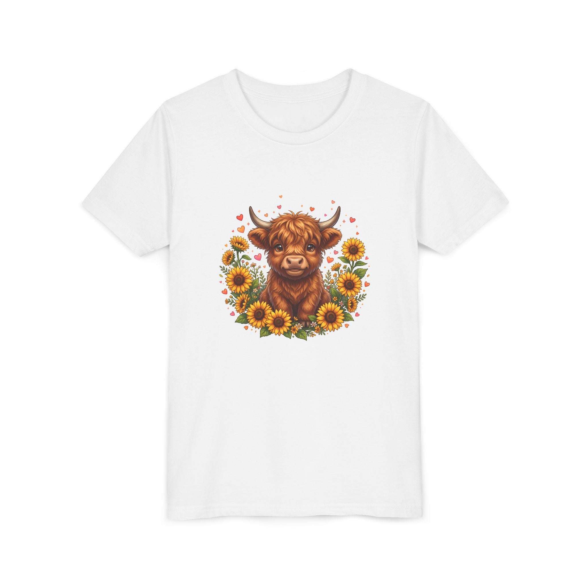 Highland Cow with Sunflowers Youth Tee | Cute Calf Floral Kids Shirt