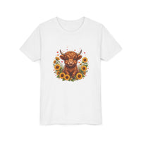 Youth tee featuring Highland cow surrounded by vibrant sunflowers on soft cotton fabric