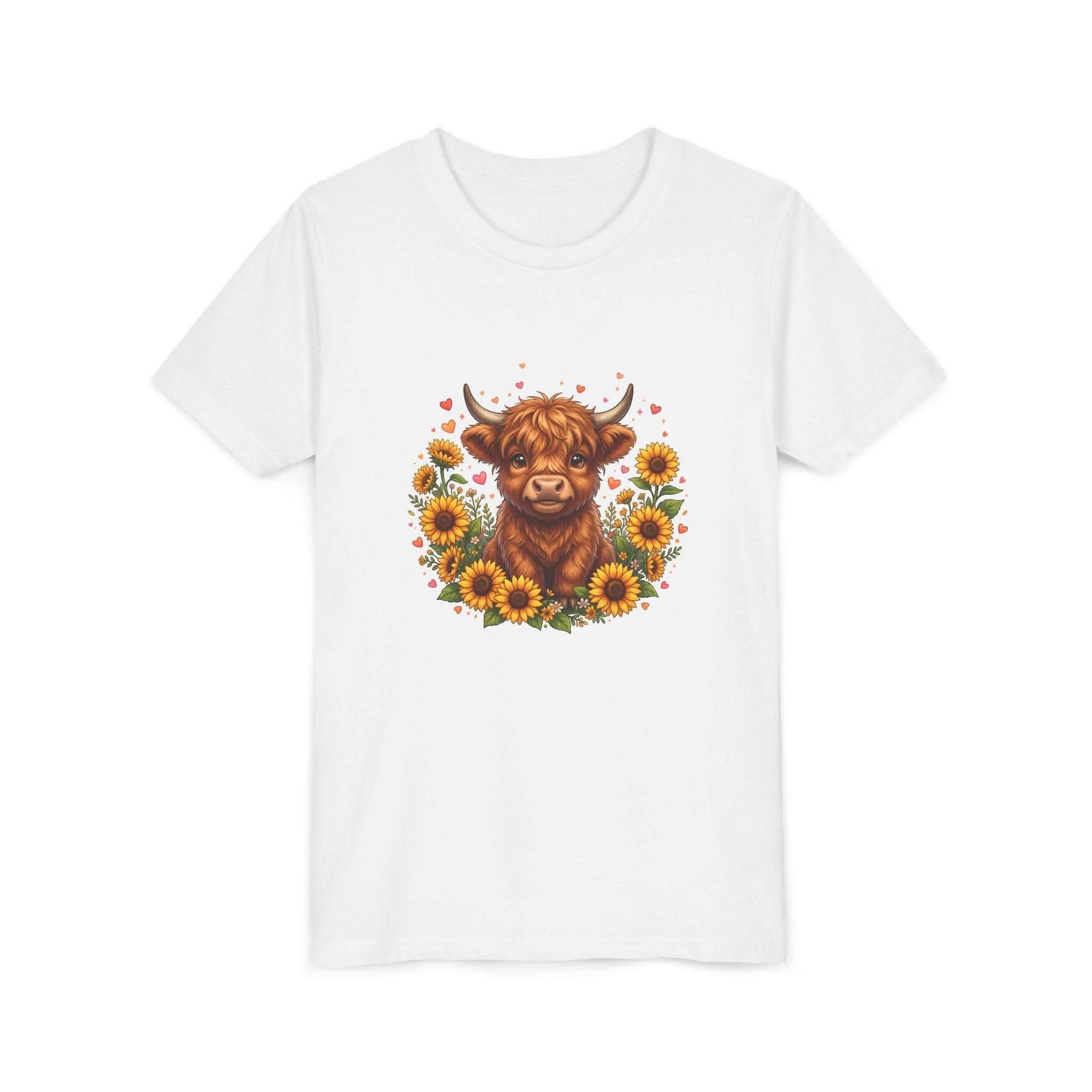 Youth tee featuring Highland cow surrounded by vibrant sunflowers on soft cotton fabric