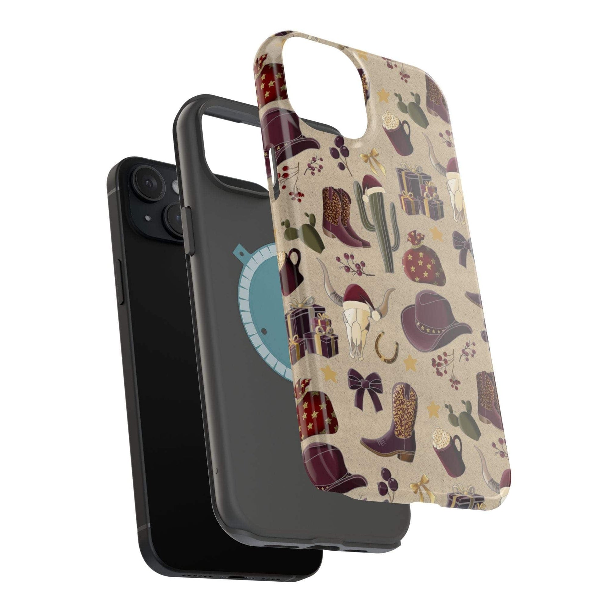 Cowboy Christmas design phone case for iPhone 17 in glossy finish by Printify, featuring festive colors and patterns.