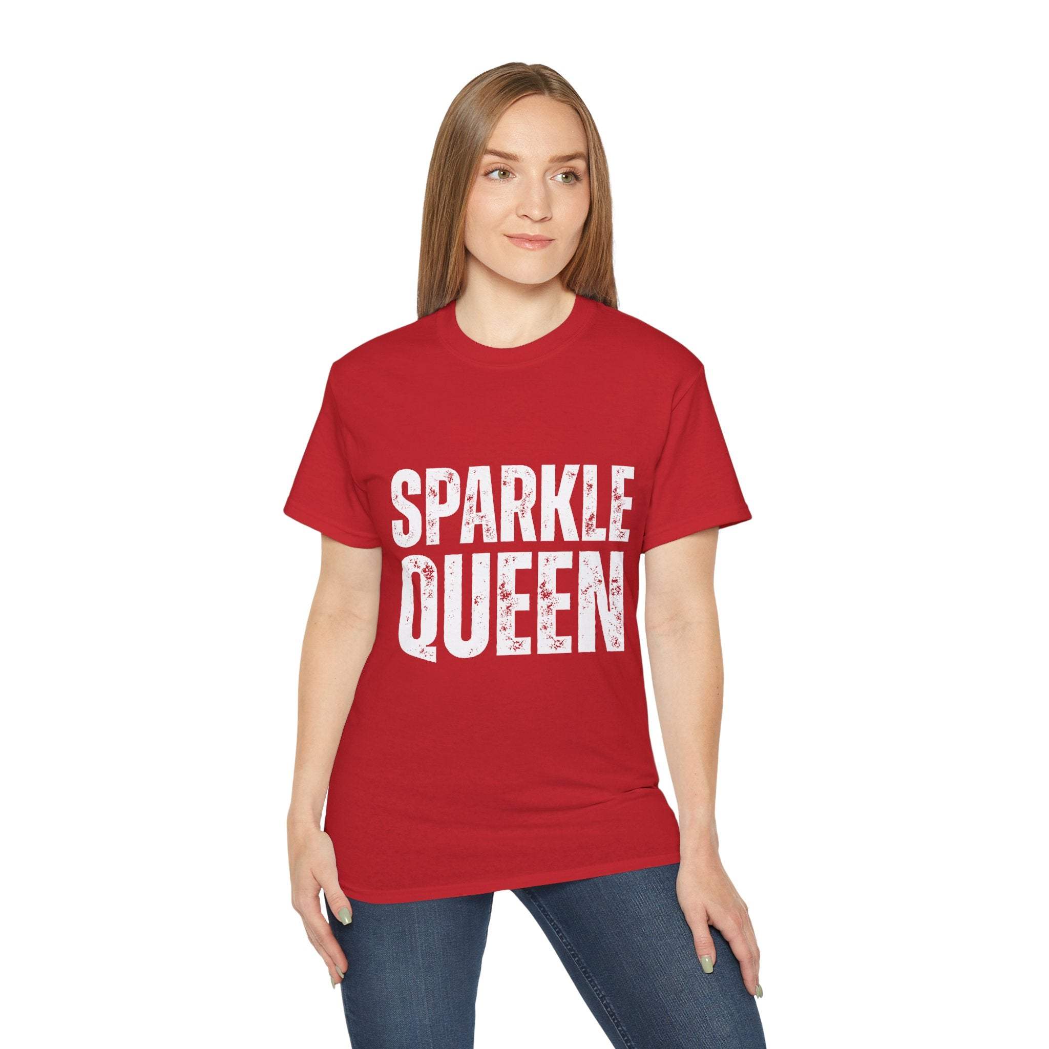 Woman wearing red Sparkle Queen T-Shirt with distressed white graphic text
