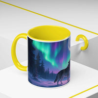 Mug with a design of a wolf under the Northern Lights on a white background