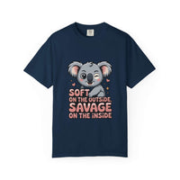 Navy t-shirt with playful koala graphic and "Soft on the Outside Savage on the Inside" text design