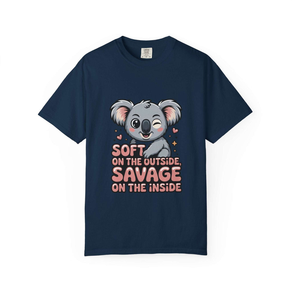 Navy t-shirt with playful koala graphic and "Soft on the Outside Savage on the Inside" text design
