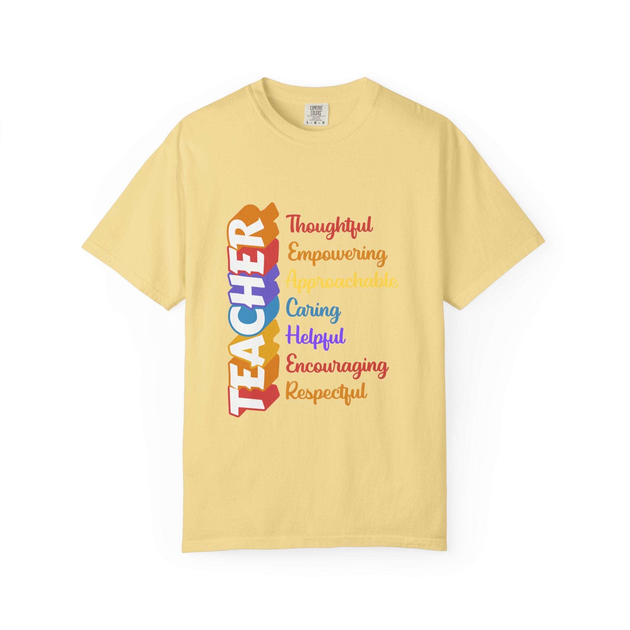 Black cotton t-shirt with acronym design, perfect for teachers, by Printify.