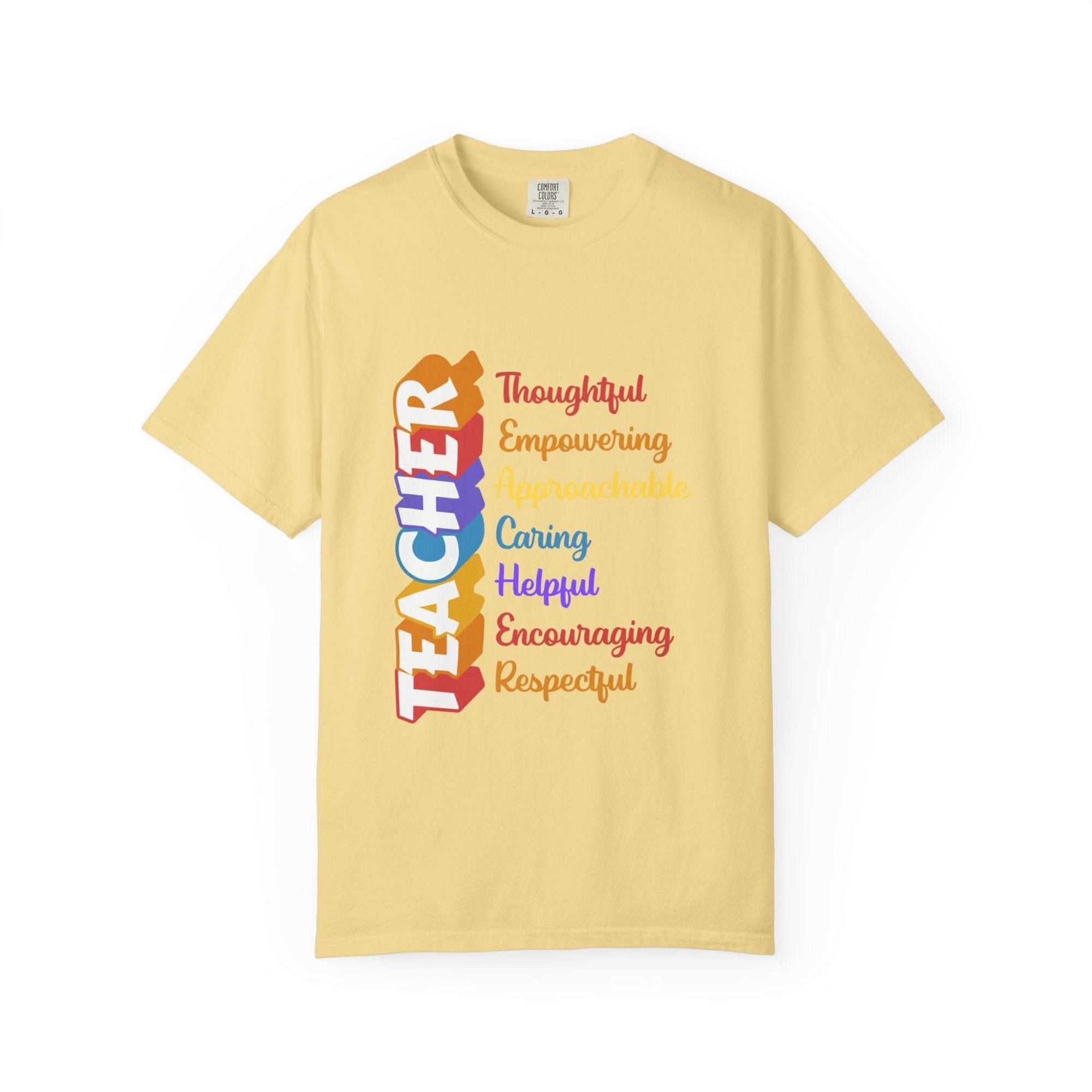 Black cotton t-shirt with acronym design, perfect for teachers, by Printify.