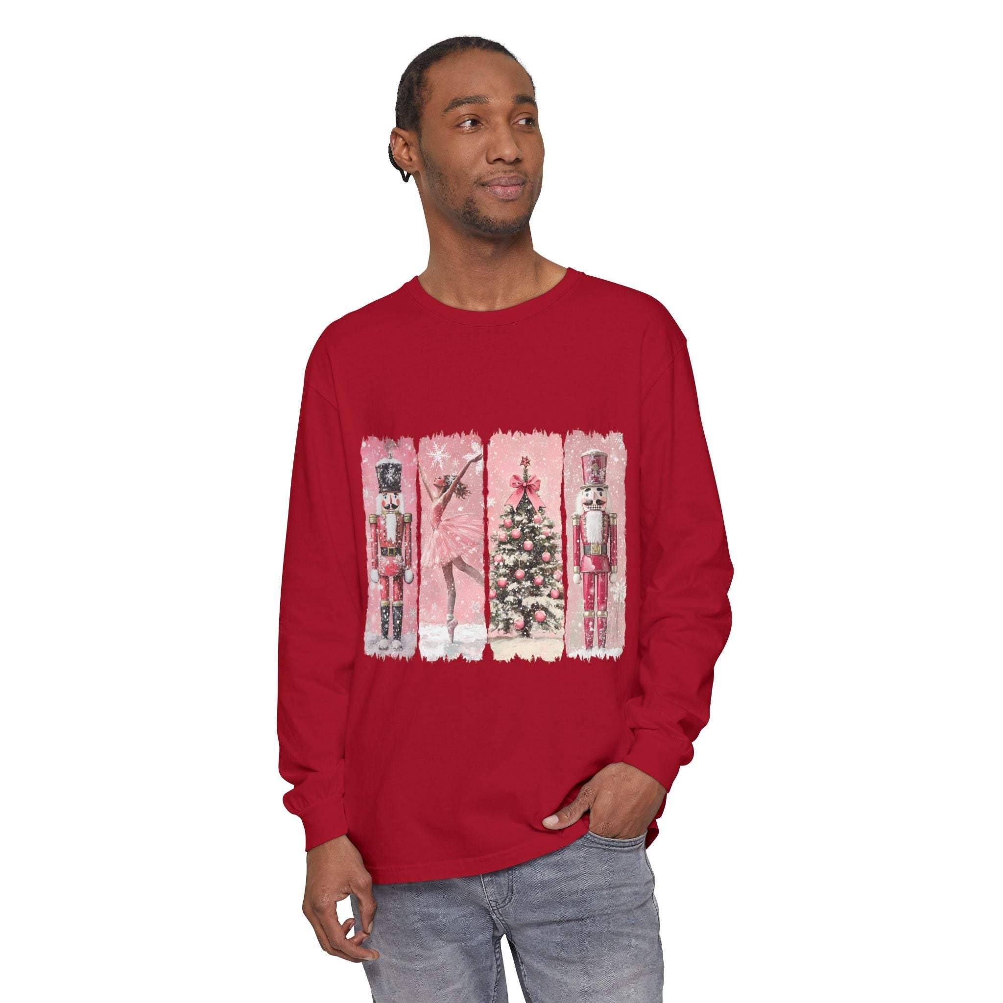 Red long sleeve t-shirt with Christmas Nutcracker and tree watercolor design