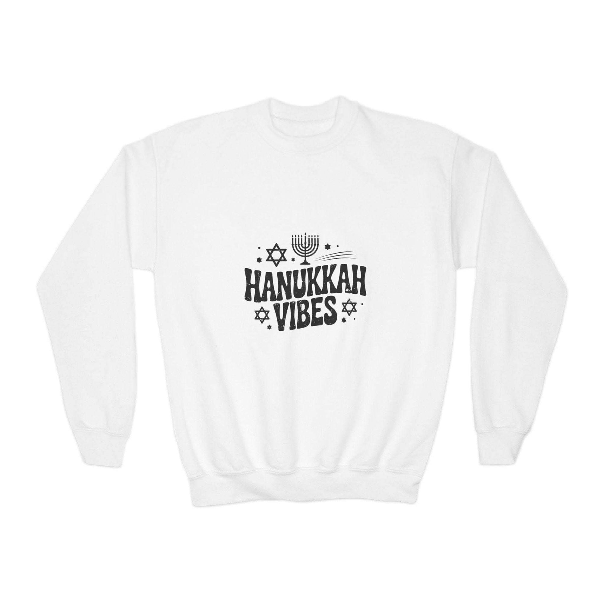Child wearing cozy Hanukkah crewneck sweatshirt with festive holiday graphics