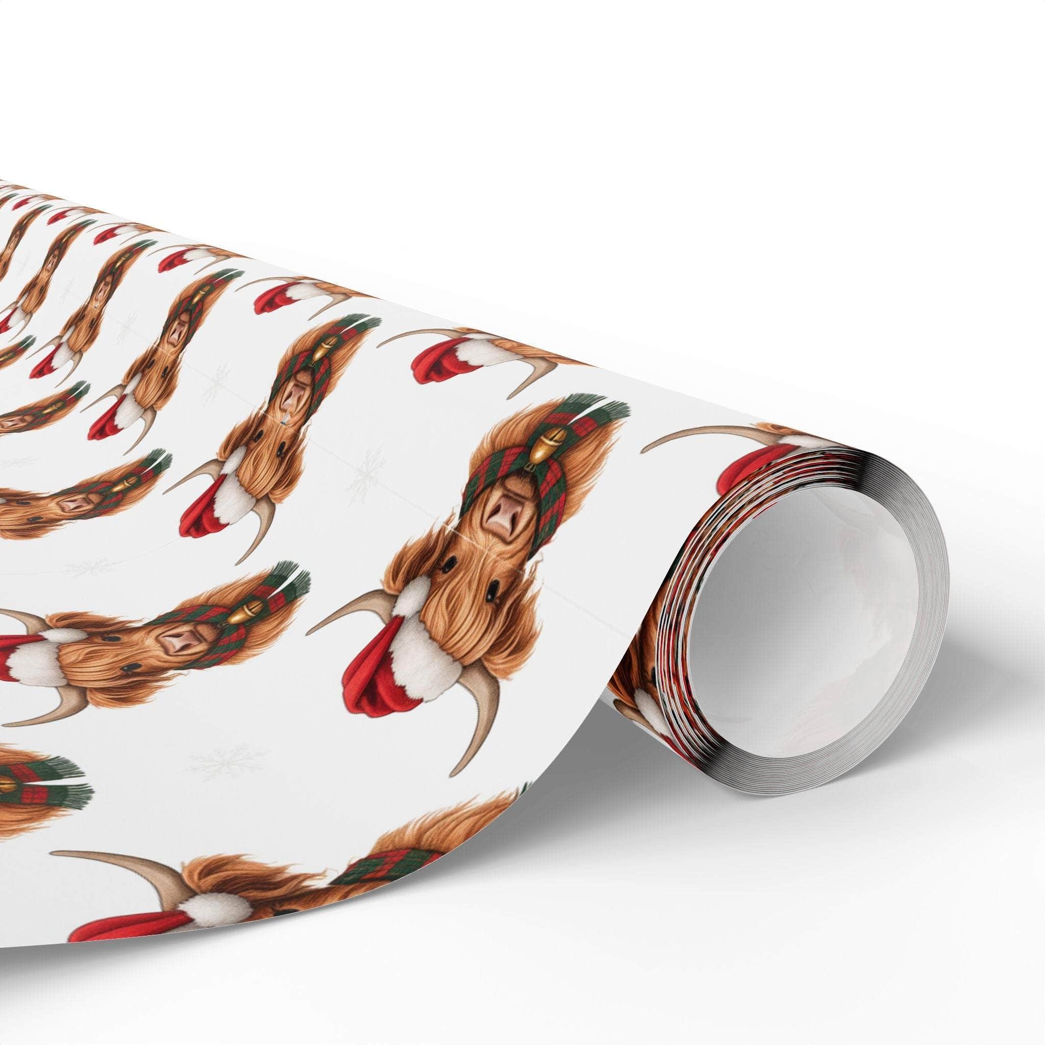 Roll of gift wrapping papers featuring Santa Highland Cows design for Christmas presents