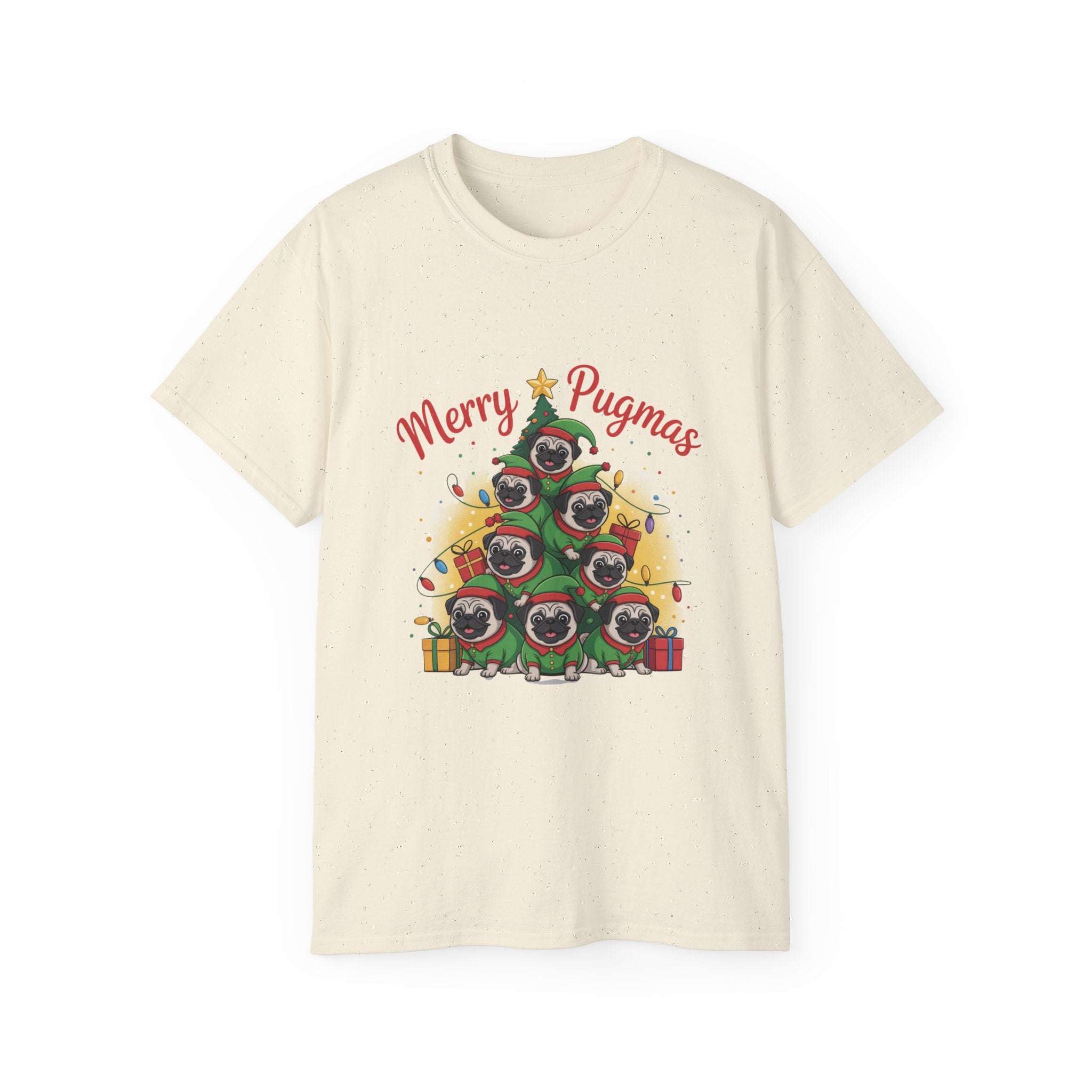 Black Merry Pugmas holiday t-shirt featuring a festive pug design, eco-friendly fabric by Printify