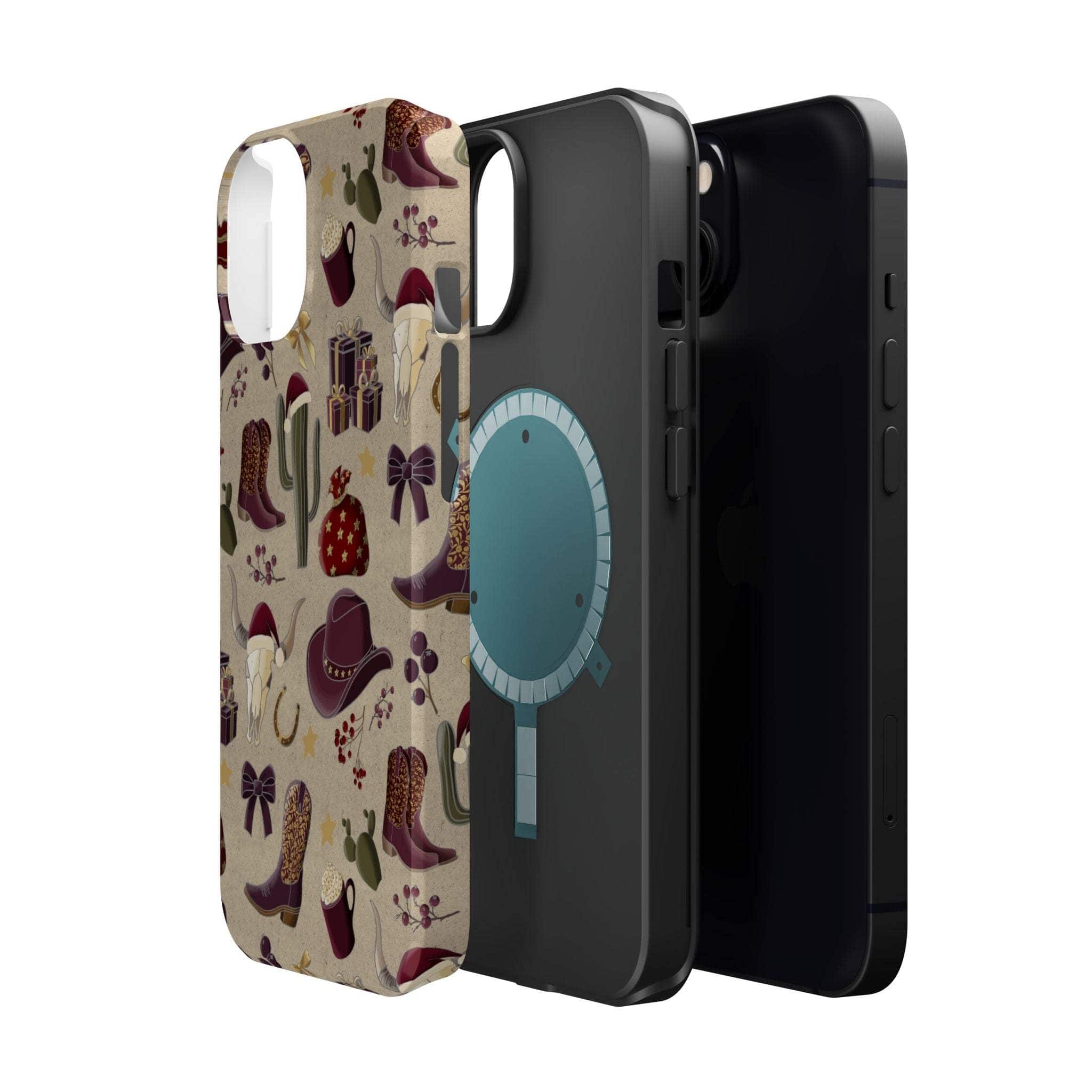 Cowboy Christmas design phone case for iPhone 17 in glossy finish by Printify, featuring festive colors and patterns.