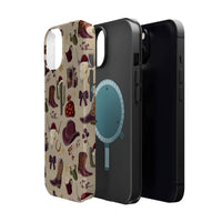 Cowboy Christmas design phone case for iPhone 17 in glossy finish by Printify, featuring festive colors and patterns.