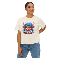 Women's boxy tee with moody girl highland cow graphic, casual vintage style