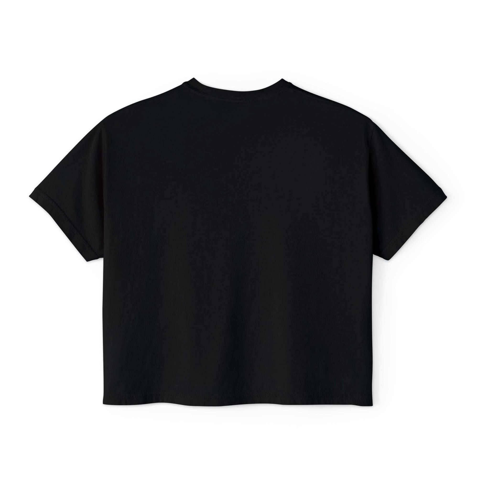 Black women's boxy tee with a moody girl highland cow design, vintage pigment dye, and cropped seamless fit