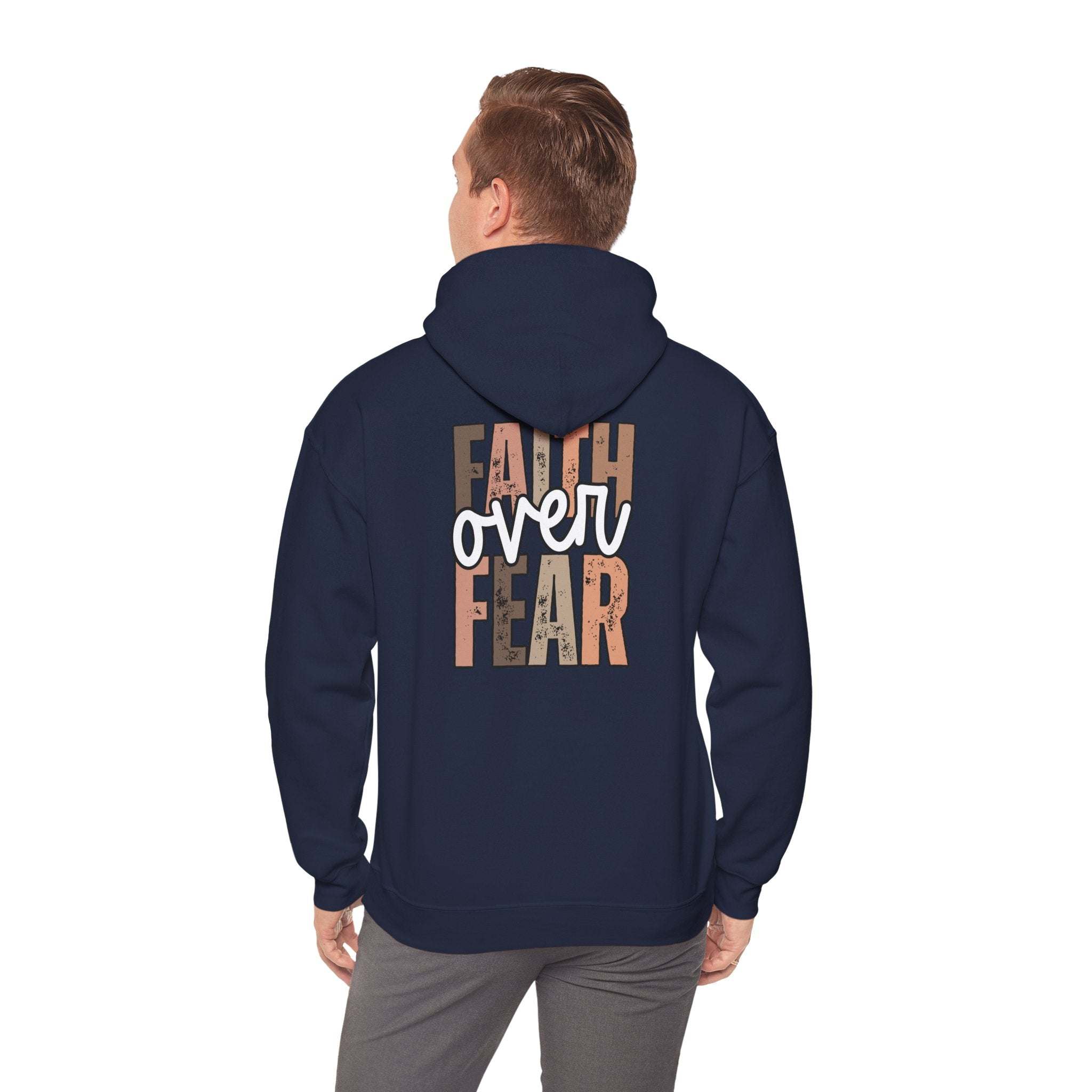 Faith Over Fear Hoodie with Walk by Faith inspirational Christian design on cozy sweatshirt