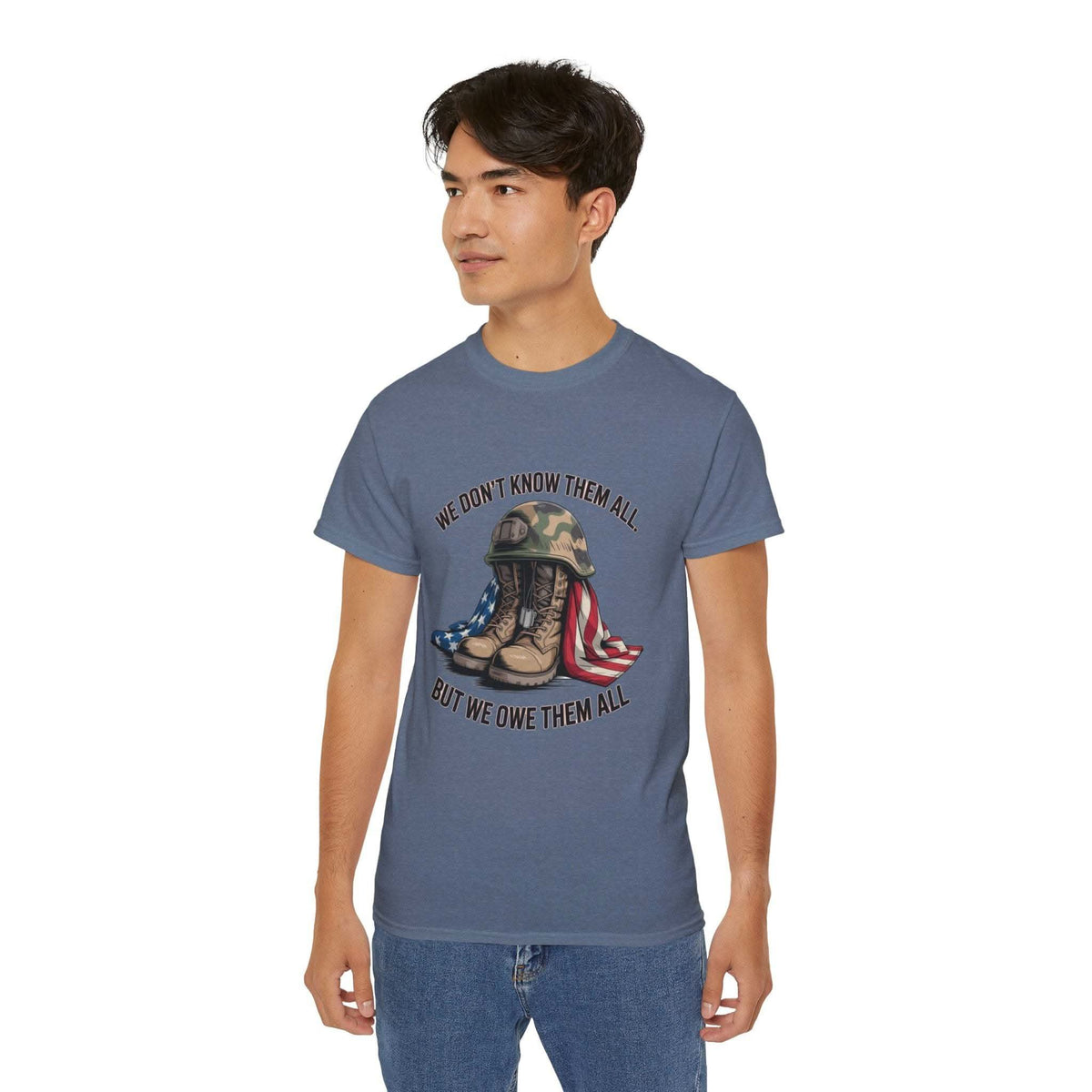 Unisex T-shirt with veteran tribute message and graphic of combat boots and flag