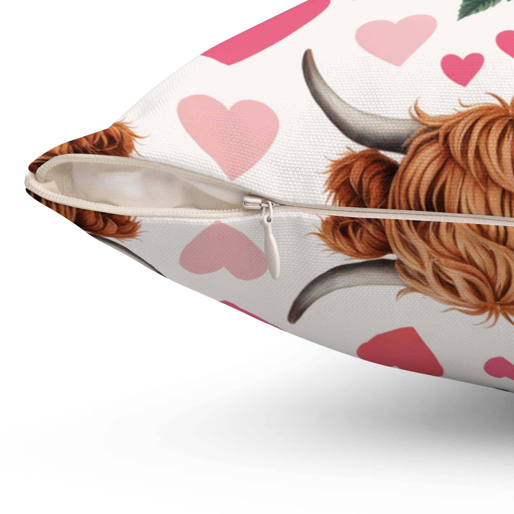 Floral Valentine Highland cow pillow with beige tones and delicate blossoms for rustic decor