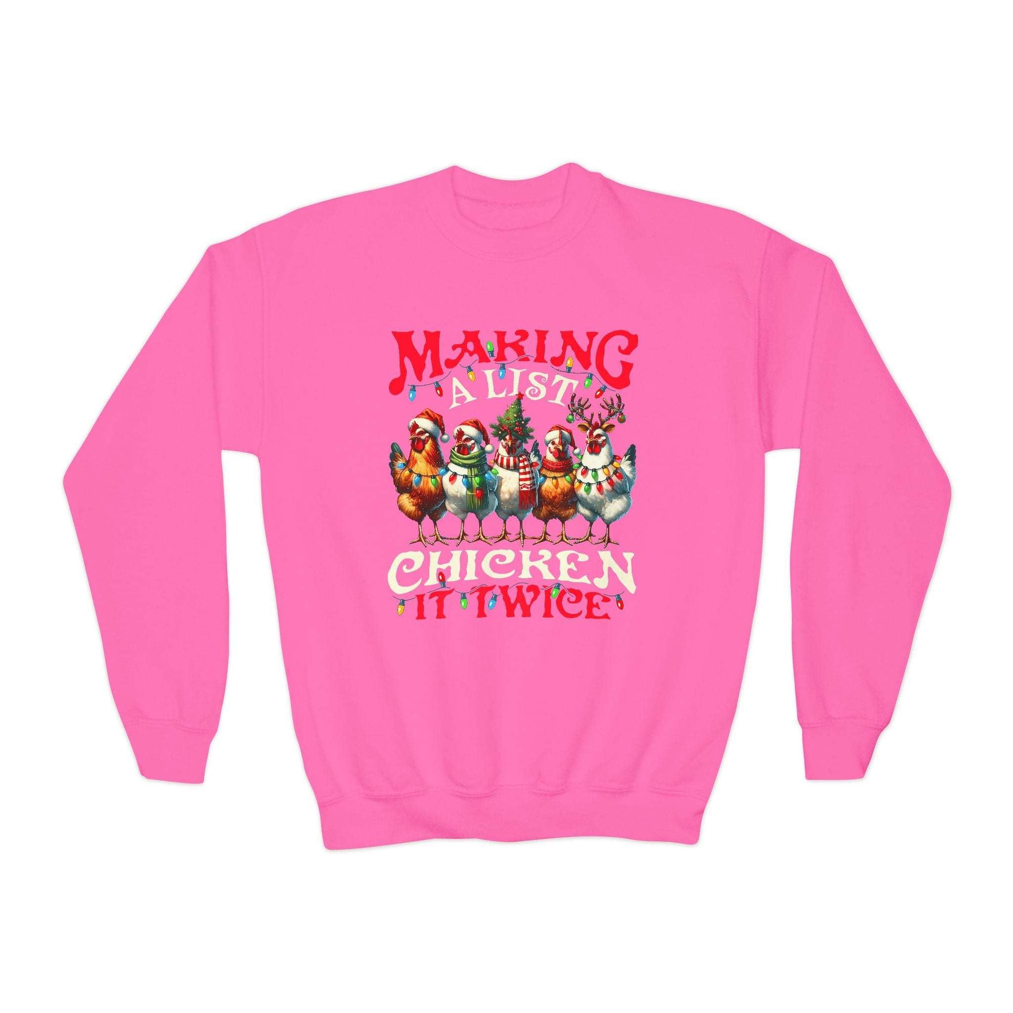 Navy youth crewneck sweatshirt featuring 'Making a List Chicken it Twice' graphic by Printify