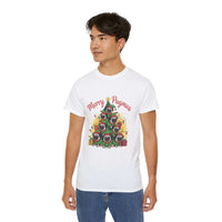 Black Merry Pugmas holiday t-shirt from Printify, featuring festive pug design for dog lovers.