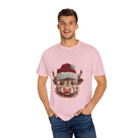 Black t-shirt featuring faux crochet yarn Highland cow Santa print by Printify, perfect for cozy Christmas wear.