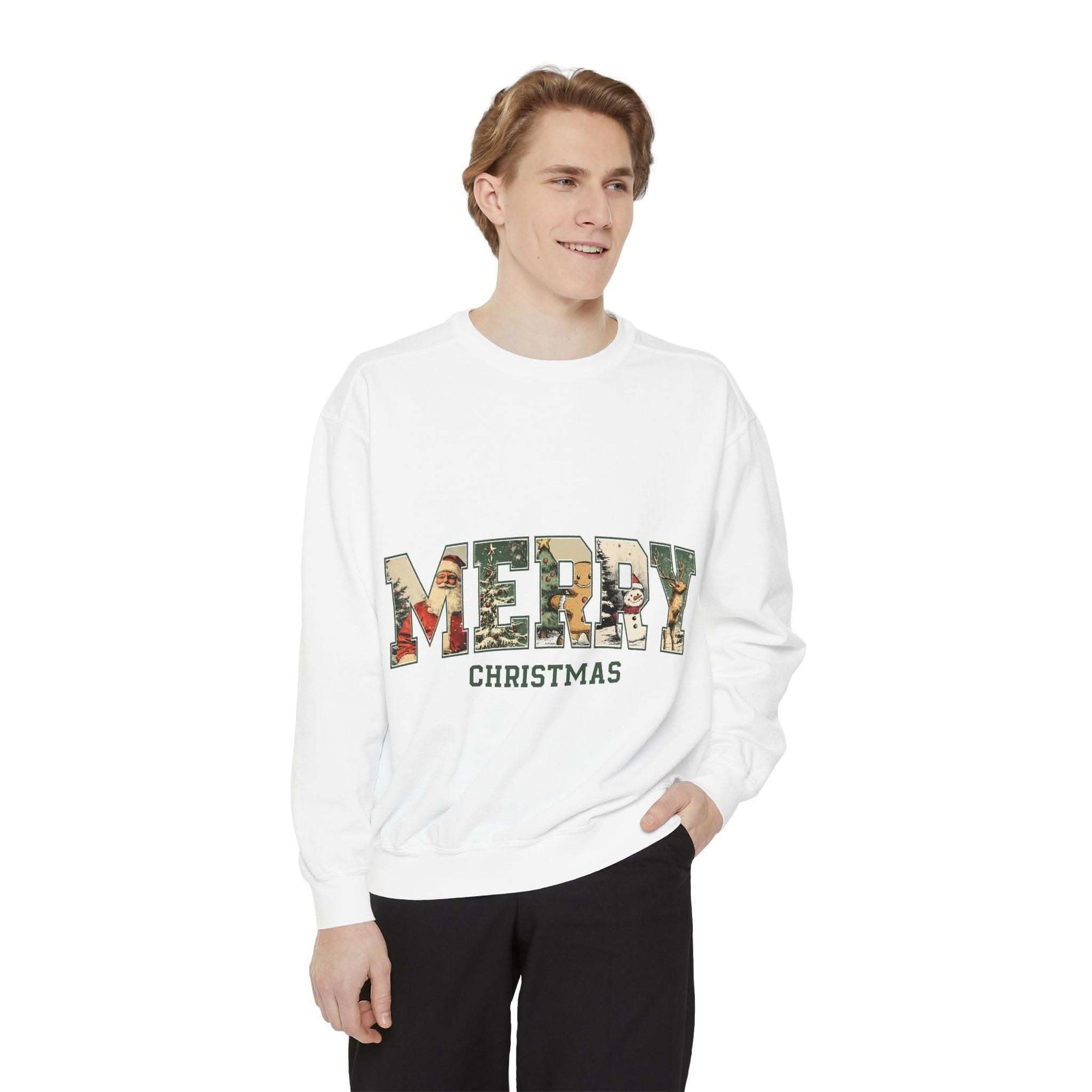 Men wearing white Vintage Varsity Merry Christmas sweatshirt with colorful holiday design and relaxed fit