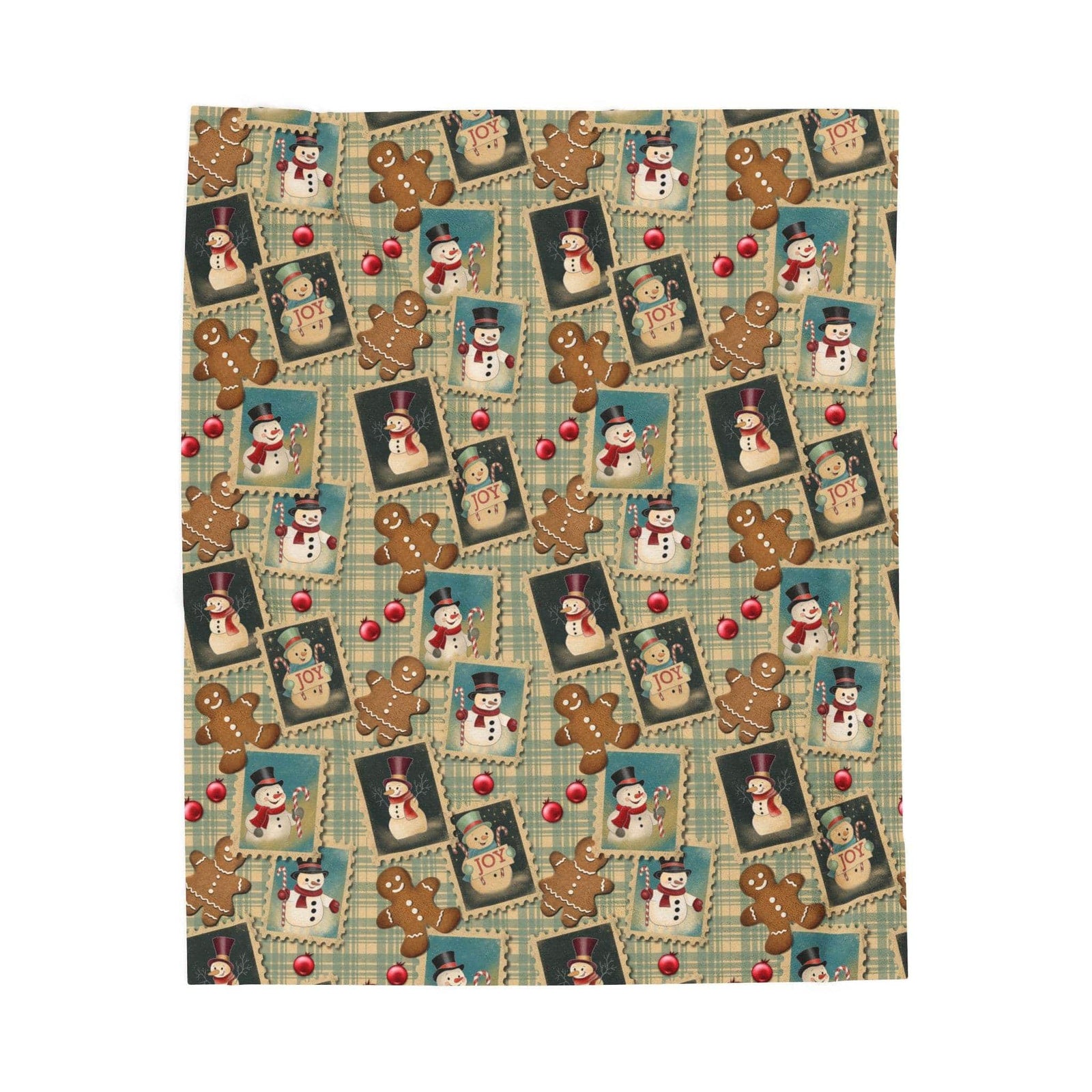 Plush blanket with retro Christmas watercolor design draped over a sofa for cozy holiday décor
